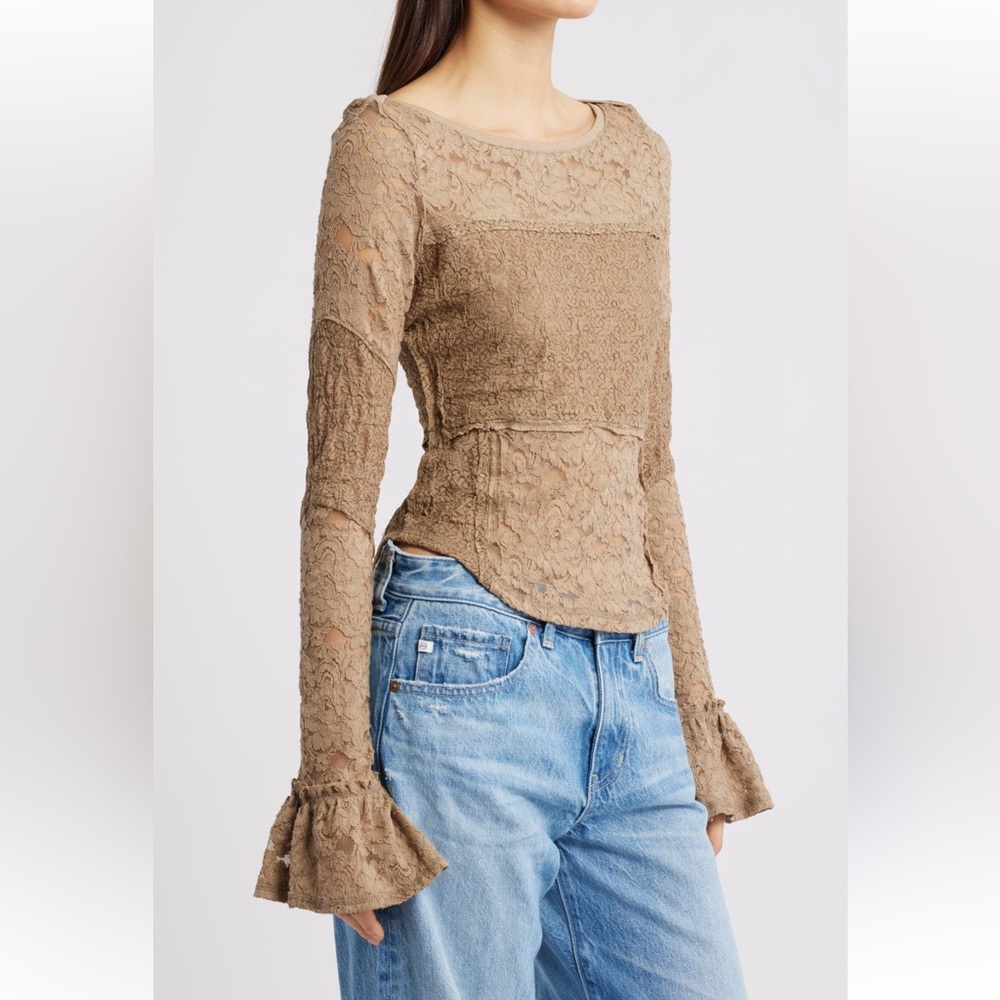 Free People NWT Bell Sleeve Stretch Cotton Blend Lace Top - Picture 6 of 11